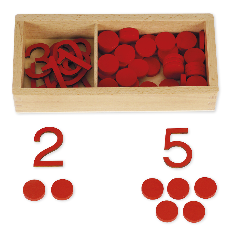 Ziffern und Chips, in Holzbox "Montessori Premium"