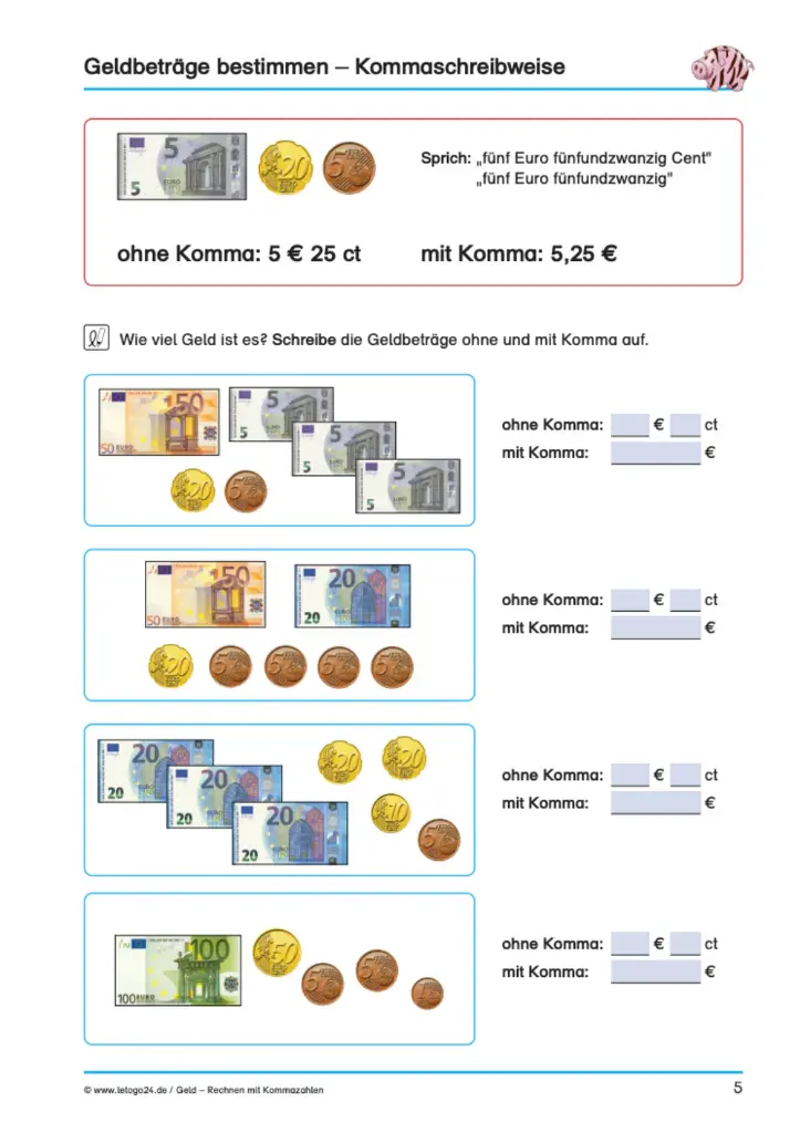 Geld - Rechnen mit Kommazahlen PDF
