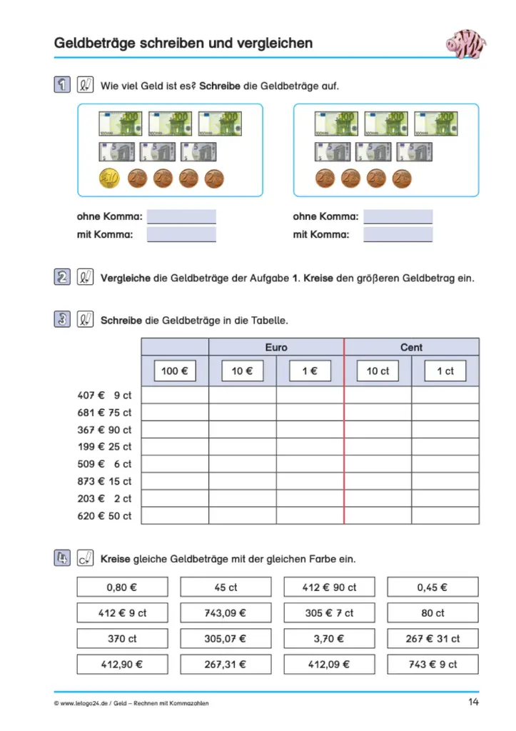Geld - Rechnen mit Kommazahlen PDF