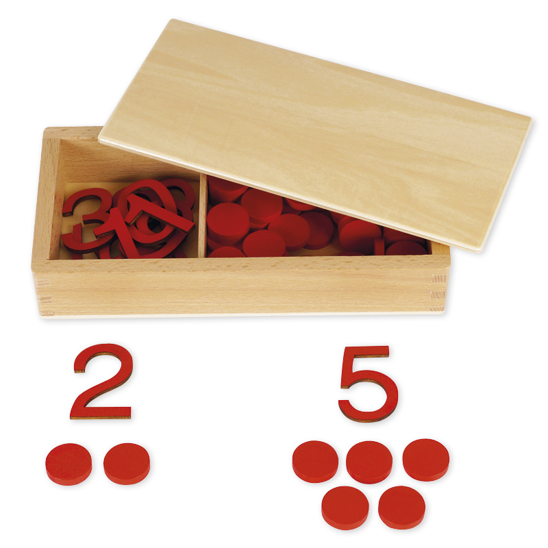Ziffern und Chips, in Holzbox "Montessori Premium"